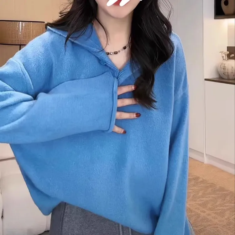 洋气蓝色连帽内搭针织衫上衣秋冬网红宽松慵懒风外穿套头毛衣女装