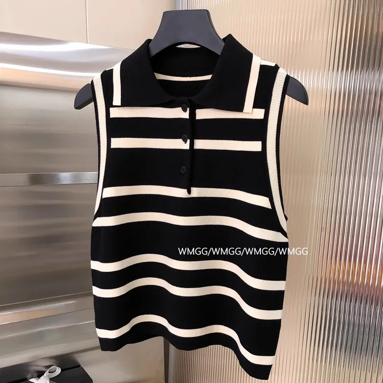 2025夏季女装时髦洋气polo领条纹无袖背心上衣薄款设计感针织衫