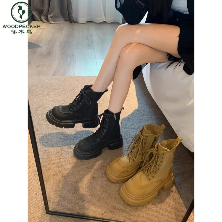 啄木鸟马丁靴女2025新款女秋款马丁靴黄色短靴棕色百搭薄款大黄靴