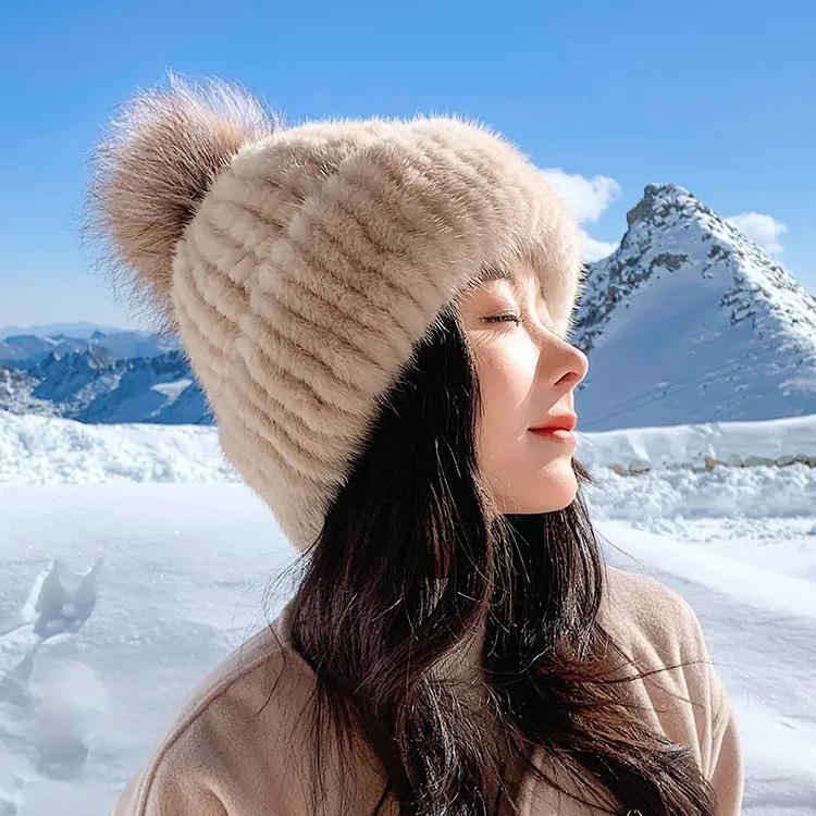女士冬季皮草帽子水貂毛休闲编织弹力甜美女帽狐狸毛球针织帽