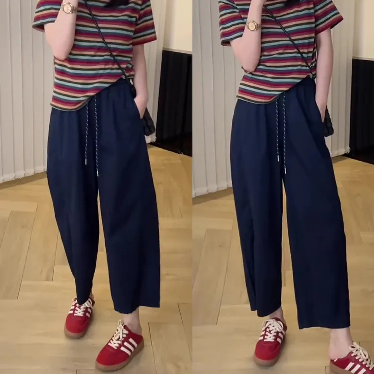 2025夏季薄款大码女装抽绳速干八分休闲哈伦裤梨形身材显瘦弯刀裤