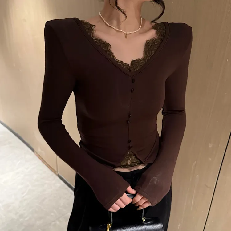 纯欲蕾丝拼接磨毛加厚打底衫女2025秋冬新款高级感修身V领上衣潮