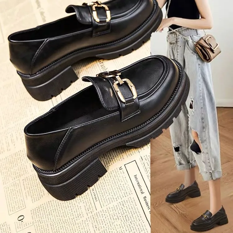 厚底乐福鞋松糕底百搭小皮鞋时尚2025年春秋冬都可穿黑色春秋圆头