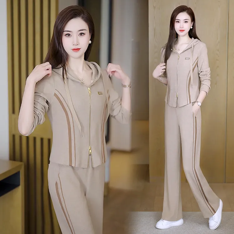 2025新款仿羊绒面料气质时尚休闲收腰拉条连帽开衫洋气显瘦套装女