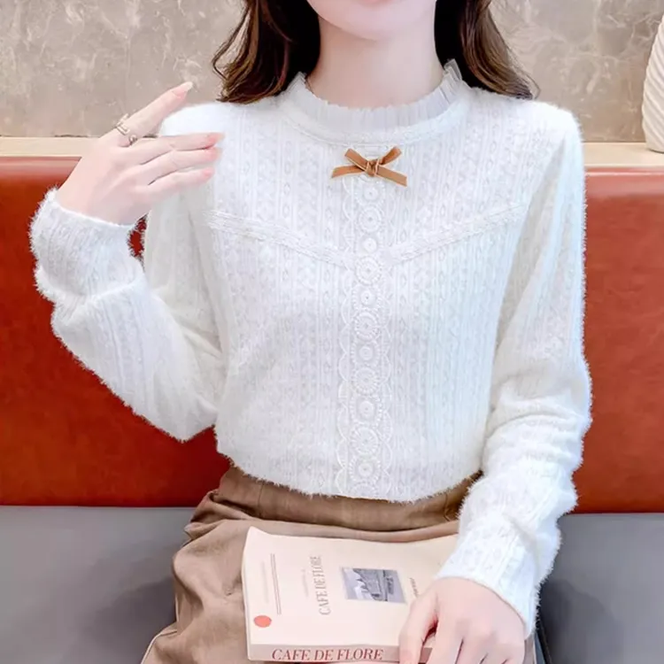 2025春秋季新款法式加绒蕾丝打底衫女洋气装修身显瘦加厚内搭上衣