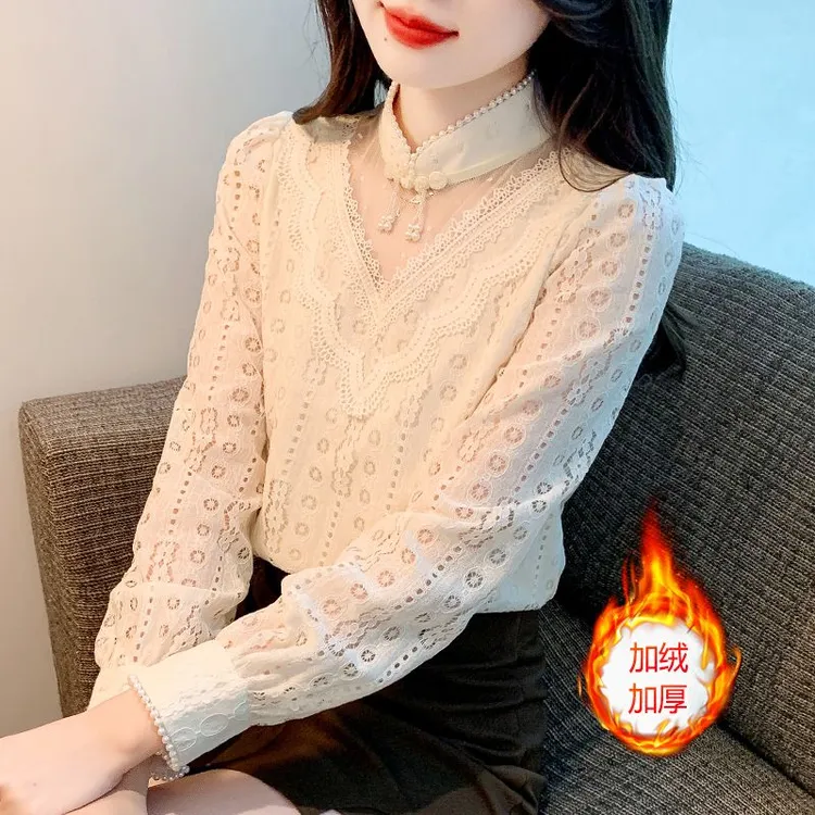 加绒加厚蕾丝打底衫女冬季内搭长袖小衫2025新款国风改良旗袍上衣