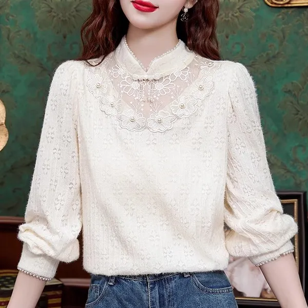 新中式立领长袖蕾丝打底衫秋冬新款复古别致加绒加厚内搭上衣洋气