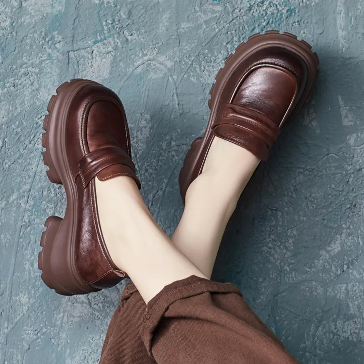 2025秋季新款英伦风圆头套脚真皮厚底坡跟乐福鞋女鞋软底单鞋