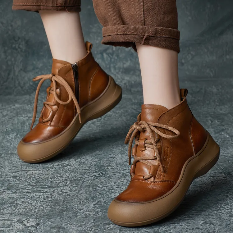 2025秋冬新款手工真皮复古圆头系带厚底短靴登山靴侧拉链马丁靴女