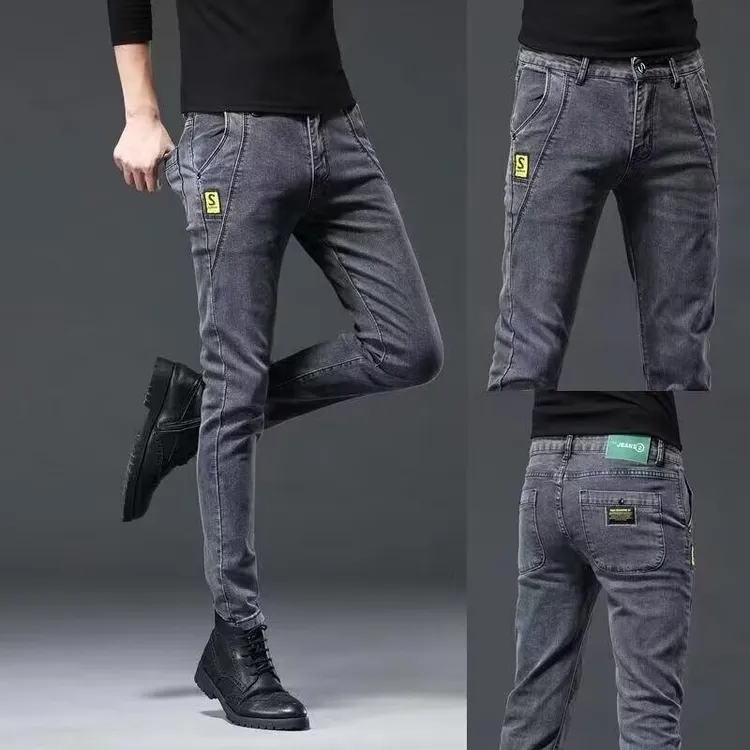 国潮品质男装中腰水洗拉链牛仔裤修身小脚直筒韩版春秋款灰色冬季