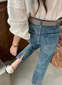 72073-欧货牛仔烟管裤女春季新款设计感高腰弹力显瘦蓝色直筒九分