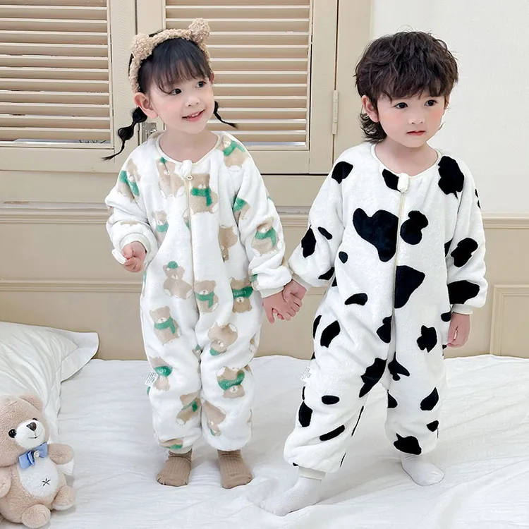萌萌驴儿童双层连体睡衣宝宝秋冬加绒加厚法兰绒家居爬服婴儿睡袋