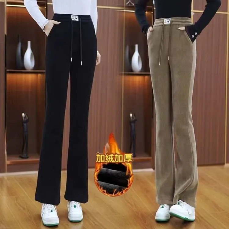 专柜138~新款加厚保暖绒微喇裤喇叭裤2024冬季高腰加绒保暖休闲