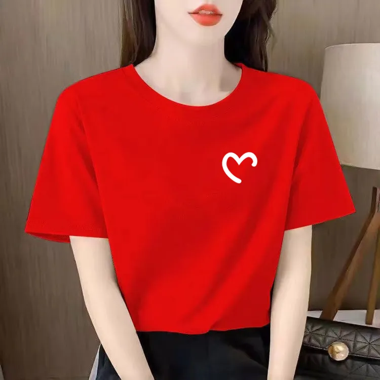 高品质棉红色短袖t恤女2025夏季新款宽松显瘦圆领休闲大码半袖T恤