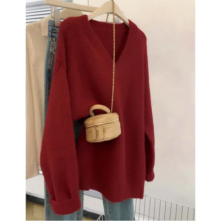 红色V领套头毛衣针织衫女装秋冬2025时尚新款加厚打底慵懒风上衣