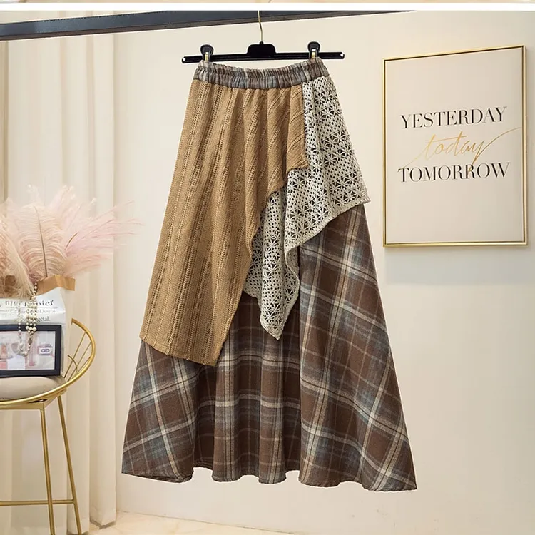 秋季设计感复古日系半身裙不规则格子拼接a字高腰显瘦学院风长裙