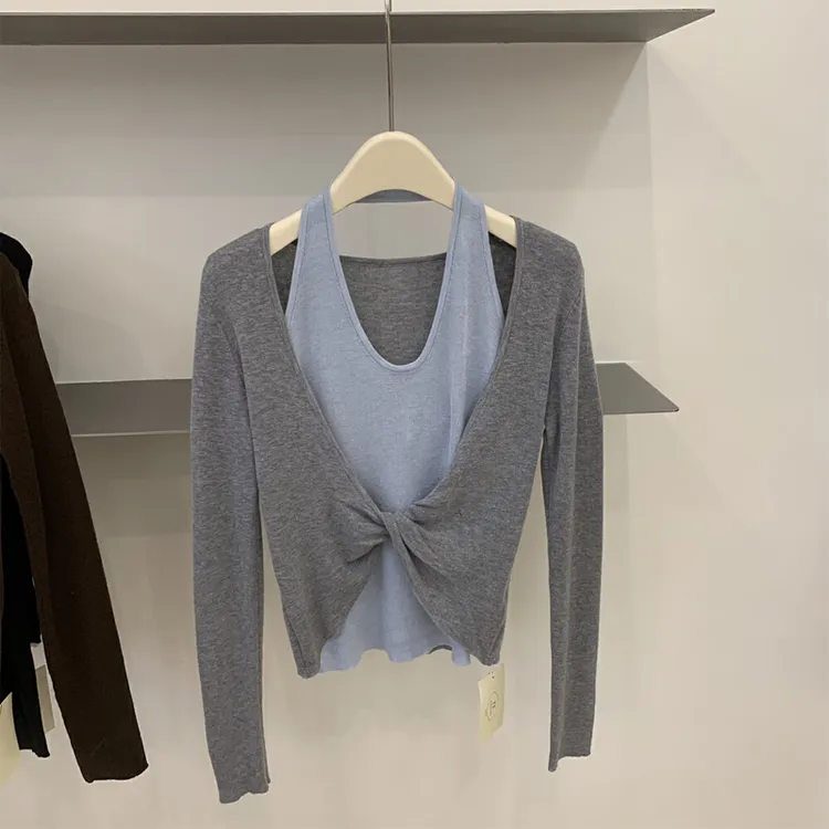 美式气质休闲百搭假两件小众针织衫秋季撞色挂脖设计感时尚上衣女