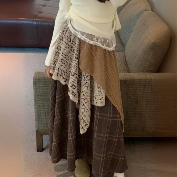 秋冬季美拉德风经典复古森系格纹半身裙慵懒不规则蕾丝拼接半裙女