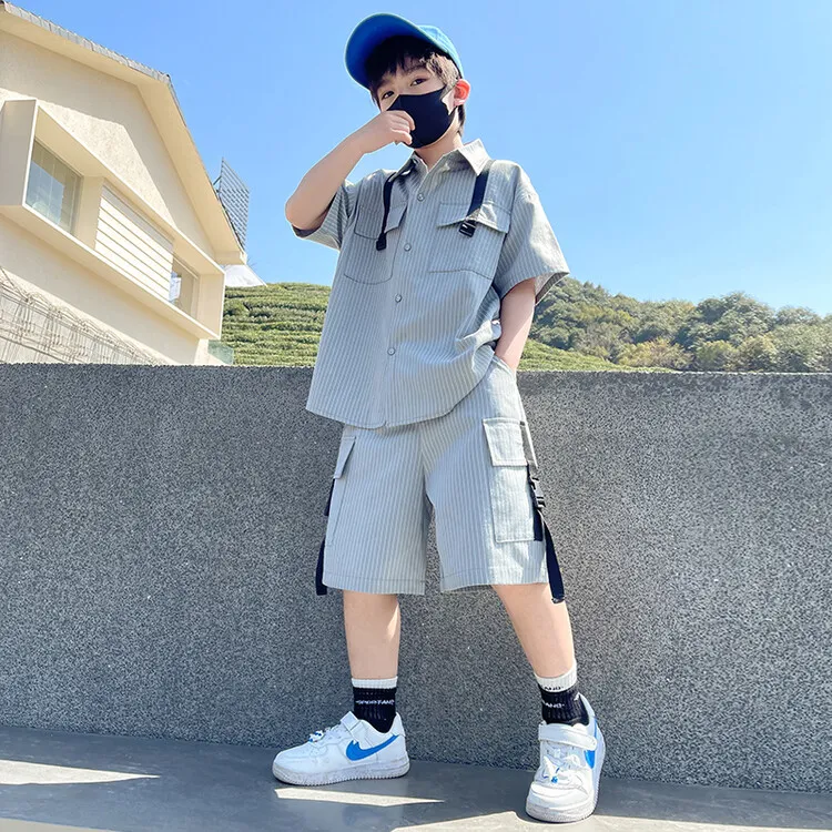 男童夏装套装2025新款儿童宽松开衫条子两件套男孩夏季休闲童装潮