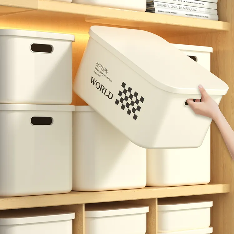 居家家桌面收纳盒零食玄关杂物整理筐宿舍长方形带盖收纳箱储物盒