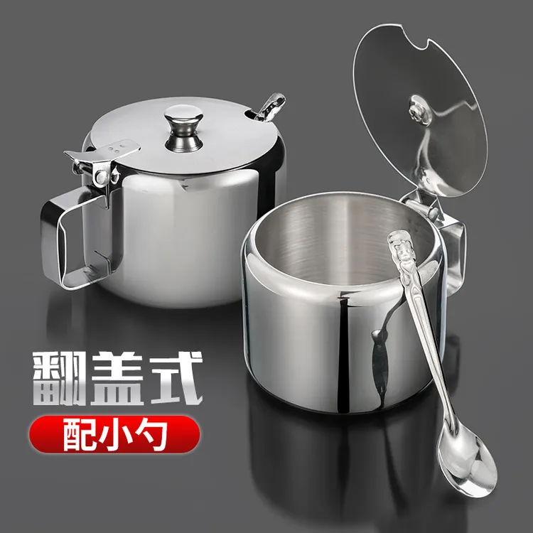 居家家不锈钢调料盒厨房翻盖调料罐子带勺盐罐家用带盖收纳调味盒