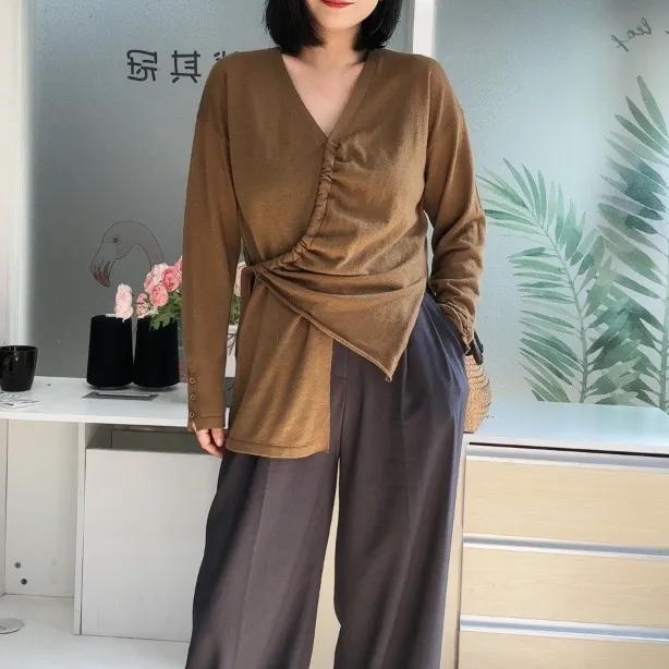 【阅己】雅高长袖针织衫显瘦春秋针织休百搭不规则宽松外穿纯色薄款