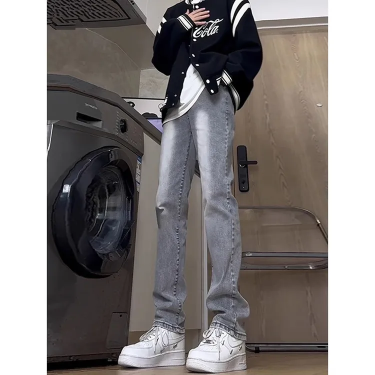 烟灰色微喇加绒牛仔裤男款秋冬高个子加长美式裤子修身弯刀直筒裤