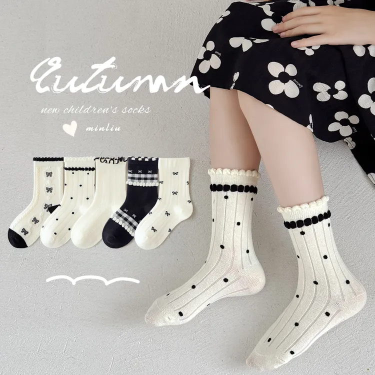 女童袜子春秋款洛丽塔蝴蝶结中筒棉袜宝宝女孩公主袜中小童秋冬款