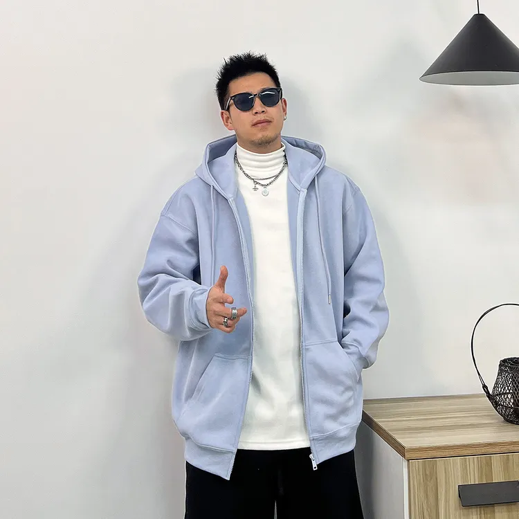 美式复古宽松连帽抽绳大口袋男女情侣款百搭休闲开衫卫衣外套简约