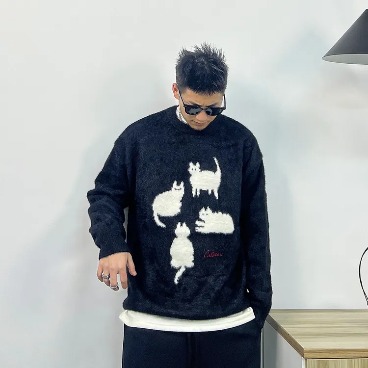 猫咪马海毛毛衣男女情侣秋冬潮牌美式复古宽松慵懒针织衫