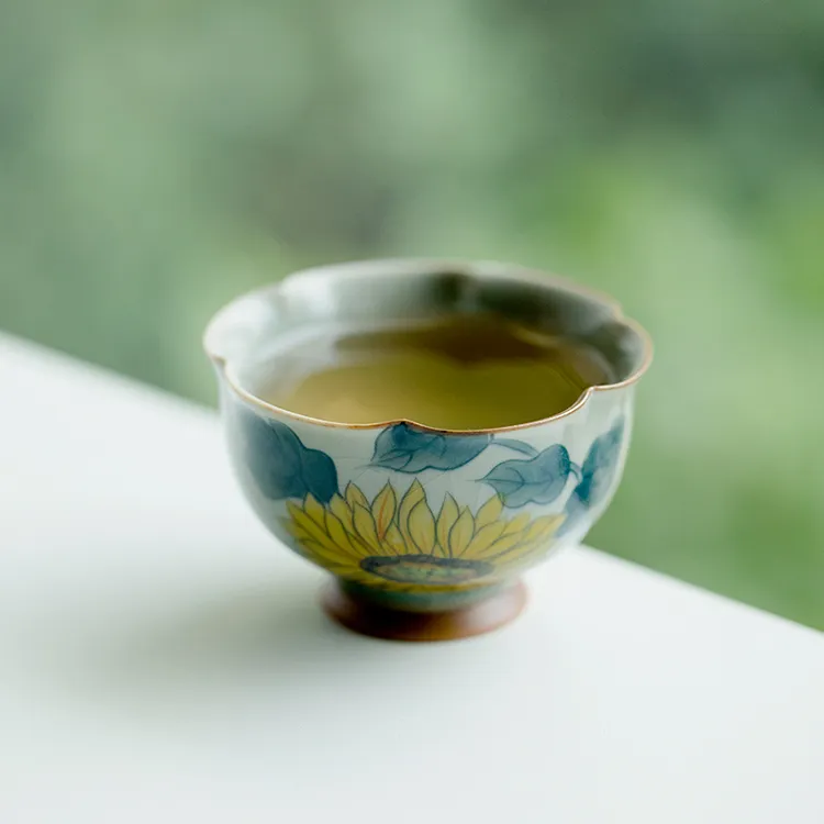 冰片釉纯手绘向日葵高足花瓣杯主人杯单个陶瓷茶杯家用复古品茗杯
