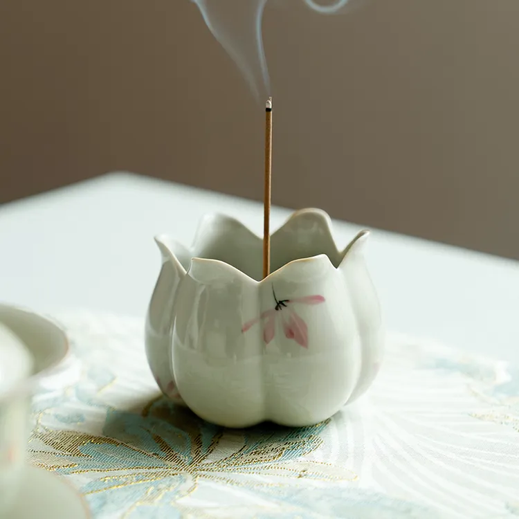德白纯手绘粉兰花陶瓷小香炉摆件线香家用室内香插功夫茶道零配件