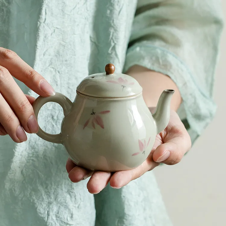 德白纯手绘粉兰花梨型壶陶瓷茶壶单壶女士专用小茶壶陶瓷茶具泡茶