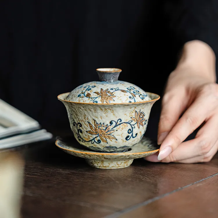 德白盖碗茶杯大号敬茶碗陶瓷手绘描金海浪青花茶碗不烫手功夫茶具
