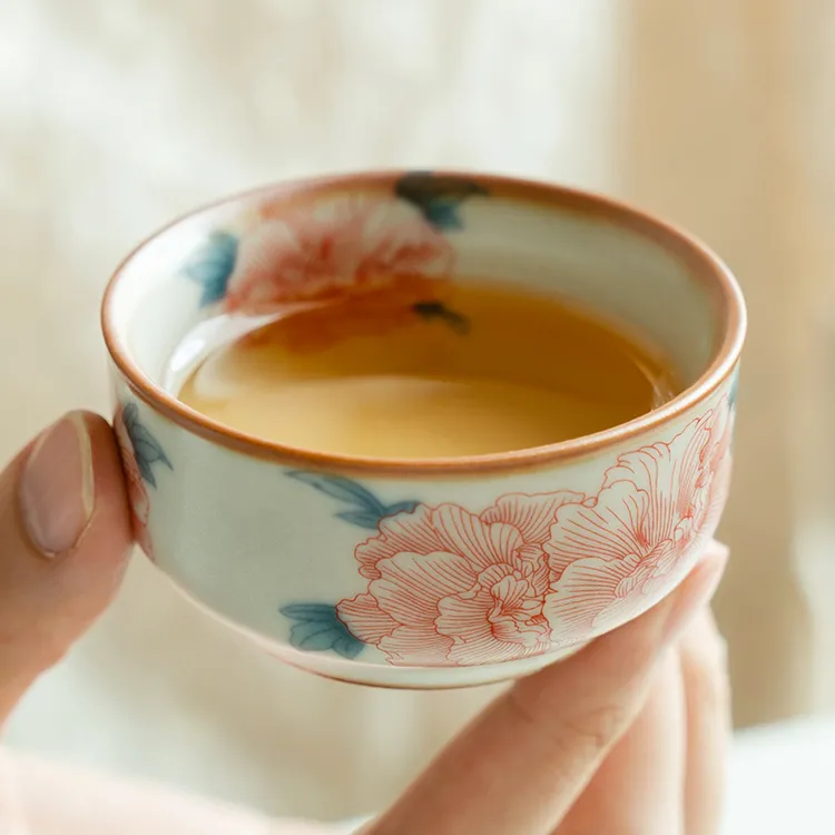德白汝窑芙蓉花陶瓷茶杯主人杯家用单杯女个人专用品茗杯喝茶杯子