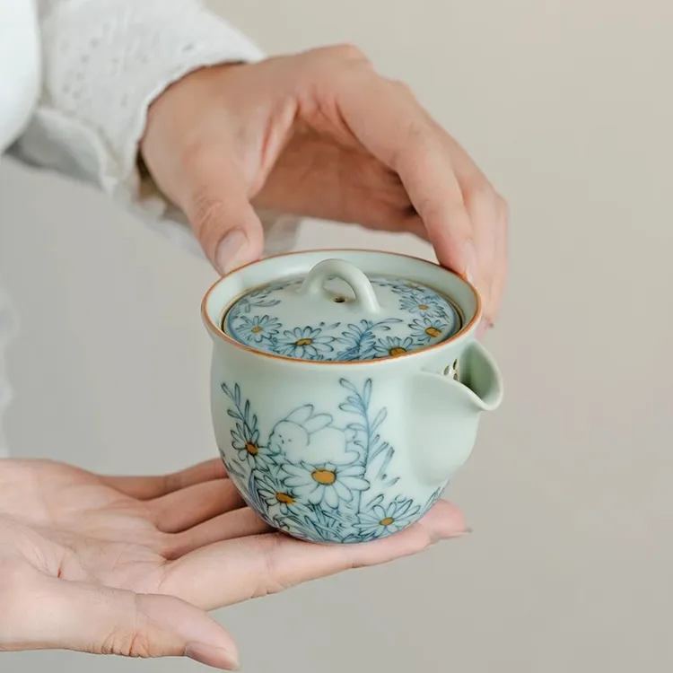 德白悦隐手抓壶汝窑小雏菊萌兔盖碗茶杯中式复古中国风高档泡茶壶