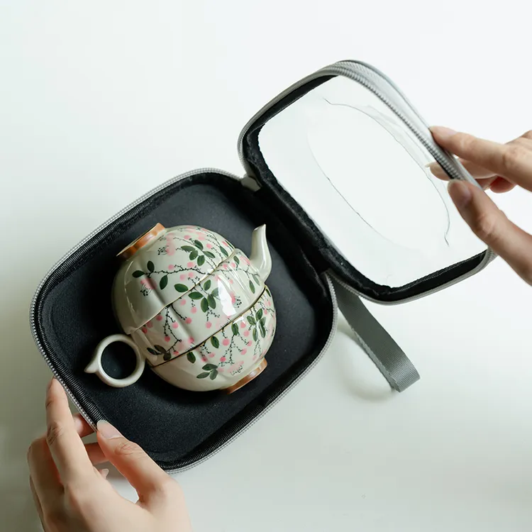 德白草木灰纯手绘粉落花快客茶壶茶杯套装随身便携功夫茶具泡茶器