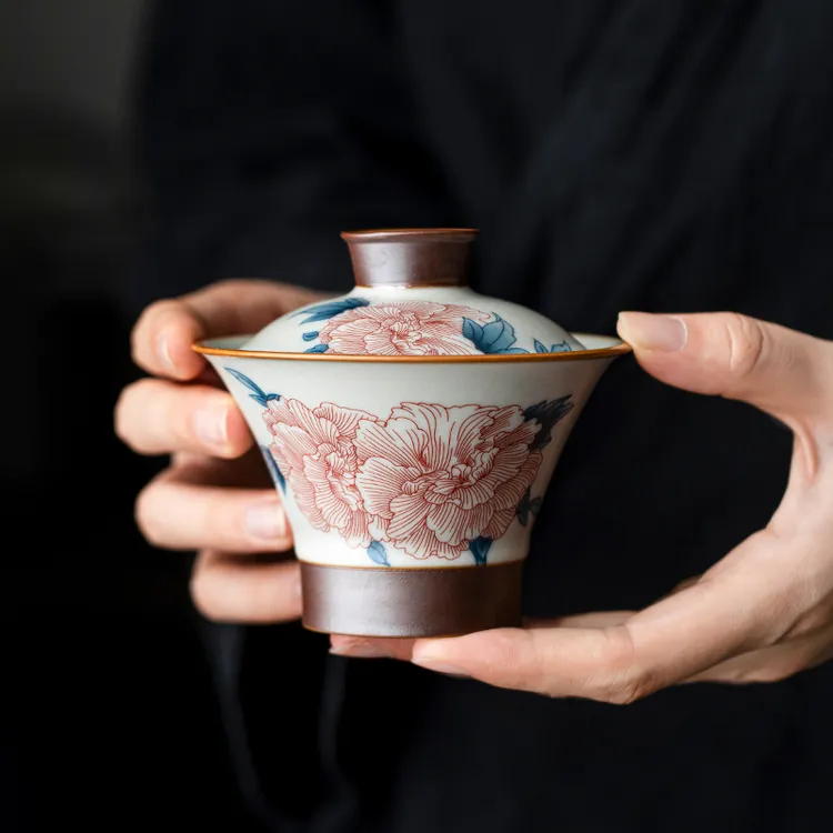 德白汝窑芙蓉花沐溪三才盖碗茶杯礼盒开片泡茶碗母亲节礼物教师节