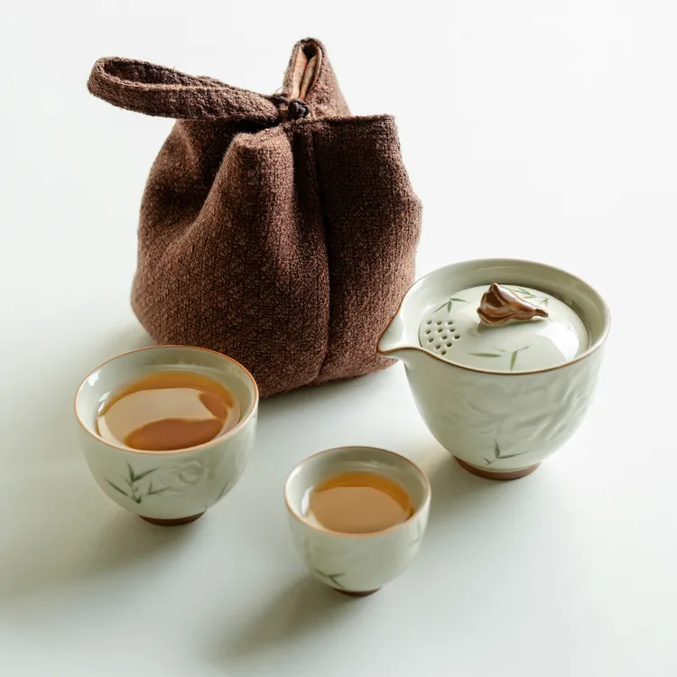 德白纯手绘筱竹清启旅行茶具户外便携式随身功夫茶具套装一壶二杯