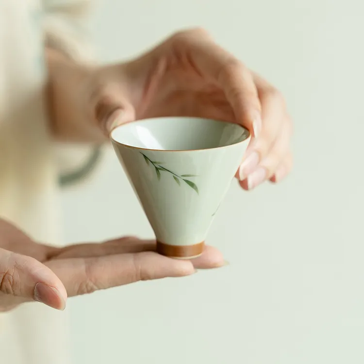 德白纯手绘筱竹斗笠杯陶瓷茶杯家用主人杯泡茶杯客杯个人专用单杯