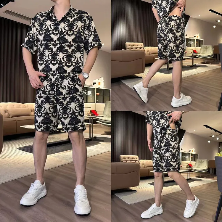 夏季新款衬衫短裤套装男士时尚潮牌轻奢高端殴花面料情侣套装2488