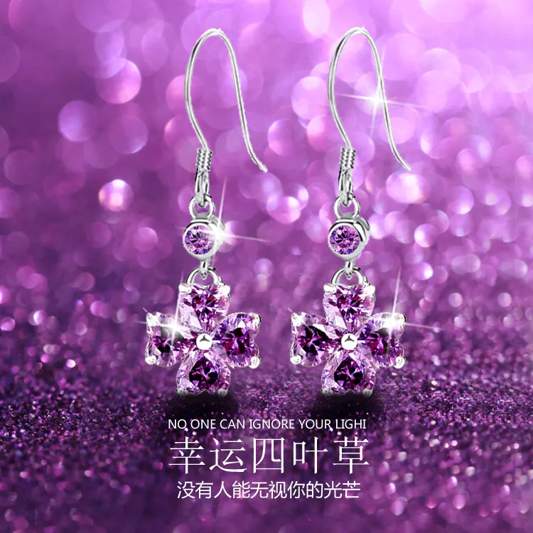 足银耳饰 秋冬季紫色水晶999纯银四叶草耳坠女长宽气质耳环耳钉