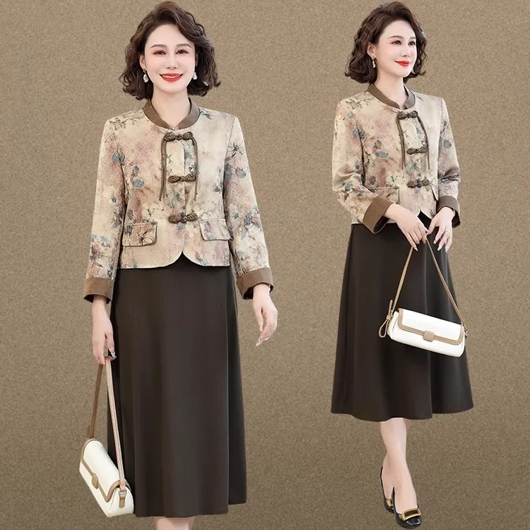 中年妈妈秋装套装连衣裙2025新款中老年人国风外套女春秋气质裙子