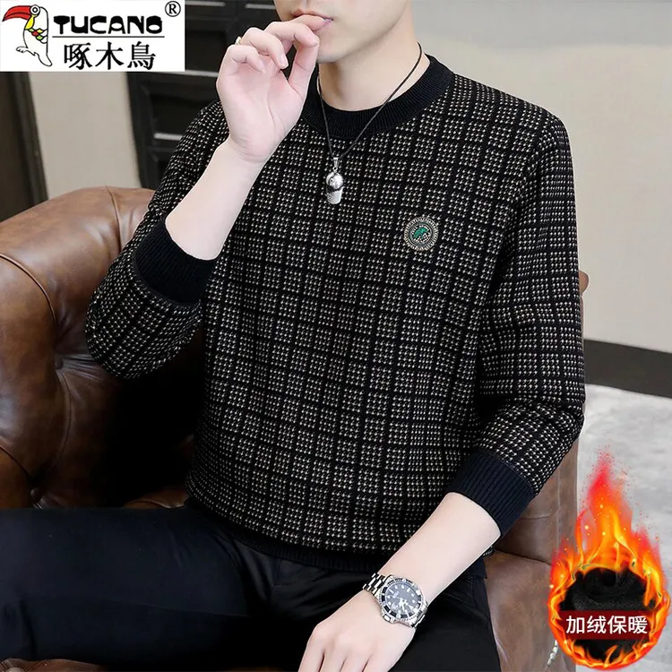 TUCANO/啄木鳥秋冬季加绒加厚长袖打底衫保暖圆领男士休闲卫衣潮