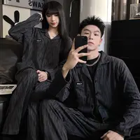 英文口袋高级感情侣睡衣女秋冬季新款男士宽松大码长袖家居服套装