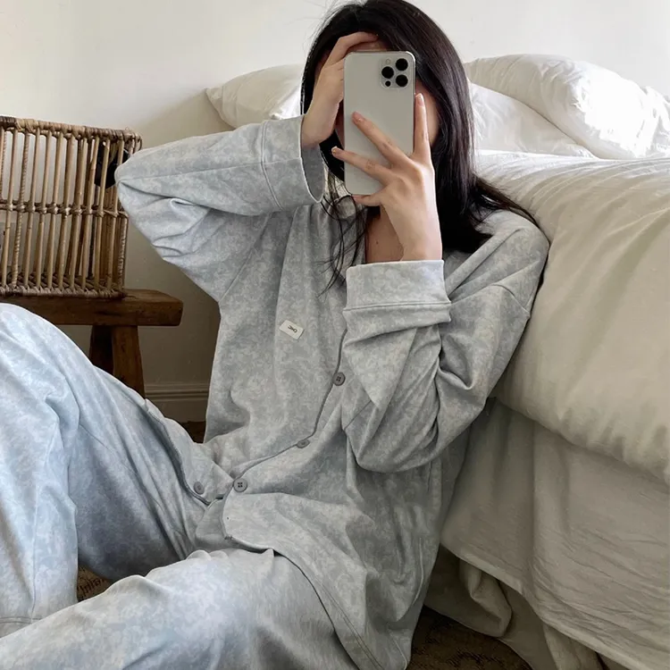 水墨画磨毛家居服睡衣两件套秋冬厚款长袖开衫套装柔软亲肤显瘦女