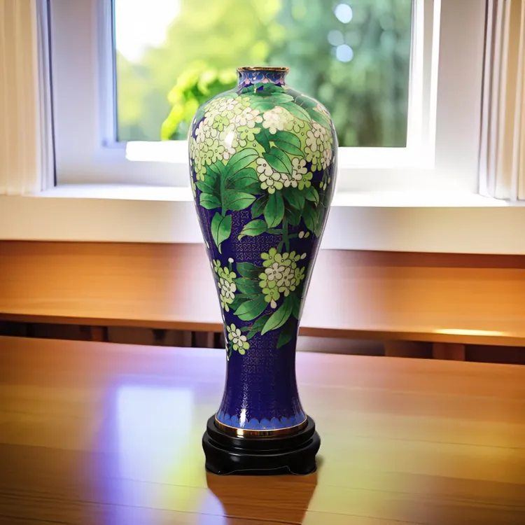 景泰蓝曲美瓶含木座高34cm手工铜胎掐丝珐琅中式轻奢摆件