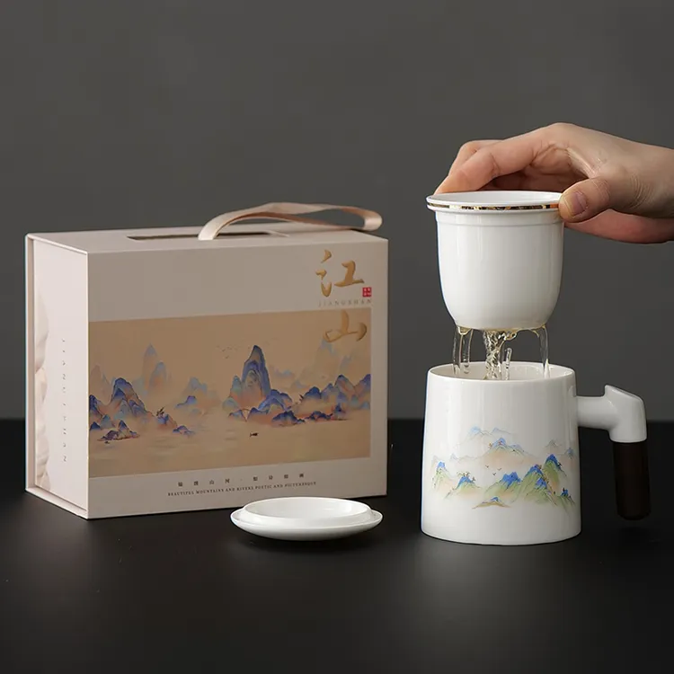 羊脂玉茶水分离泡茶杯陶瓷办公带盖男女士马克水杯定制白瓷伴手礼