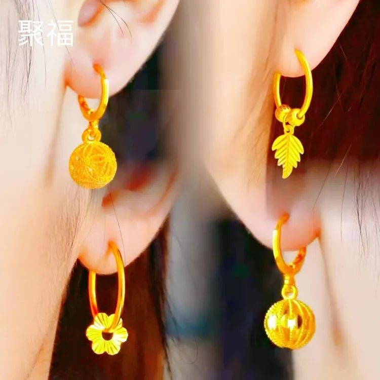 铜合金耳饰 高品质花丝绣球耳环耳扣真金色叶子耳饰气质耳圈耳坠