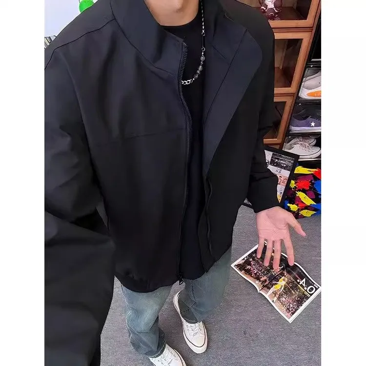 美式教练短款夹克立领休闲纯色复古春秋户外工装飞行服百搭外套男